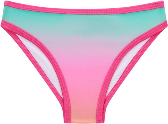 Roze, oranje en turquoise bikinibroekje met roze biezen.