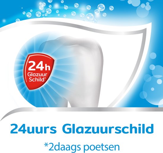 Tandpasta met muntblaadjes en een tand met een blauw glazuurschild. Tekst "Versterkt je glazuur".