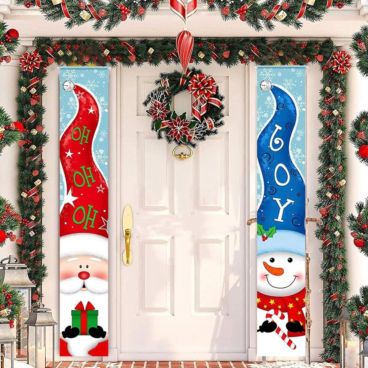 Cosensi - Kerstdeurbanners voor buiten - Set van 2 - Rode banners met sneeuwpop en kabouter - Huis en kerstveranda decoratie