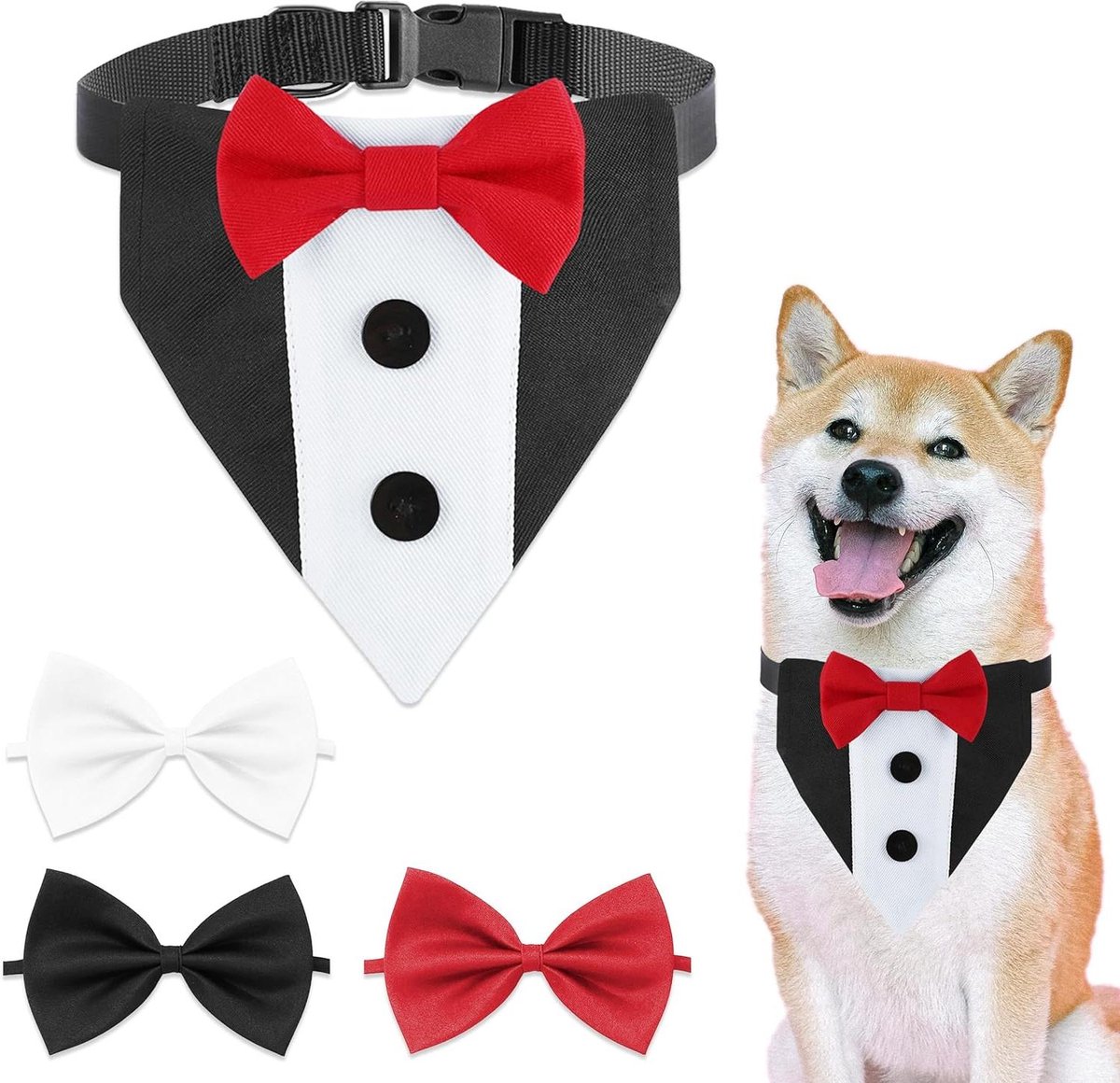 Honden Tuxedo Bandana - Verstelbare Stropdas en 3 Stuks Hondenhalsband met Strik voor Huwelijksfeest - Geschikt voor Honden en Katten