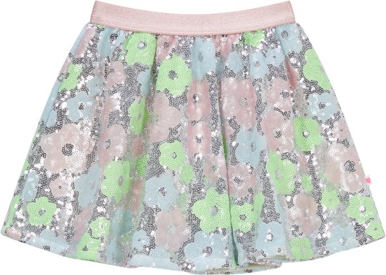 Jupe pour fille avec des fleurs pastel, des paillettes et une ceinture rose.