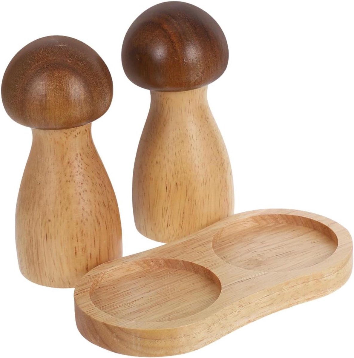 Creatieve zout- en pepermolens set van hout in paddenstoelvorm met eikenhouten basis - 2-delige set in geschenkverpakking. Keukenaccessoires voor tafel - handmatig bedienbaar.