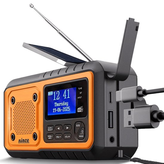 Nince Noodradio DAB+ Solar Opwindbaar - Draagbare Radio met Bluetooth - Powerbank & Zaklamp - Noodradio Op Batterijen en USB-C - Voor Noodsituaties & Kamperen