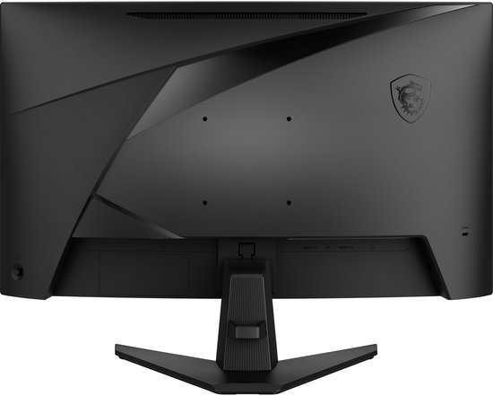 Achterkant van een zwarte gebogen monitor met MSI-logo en poorten.
