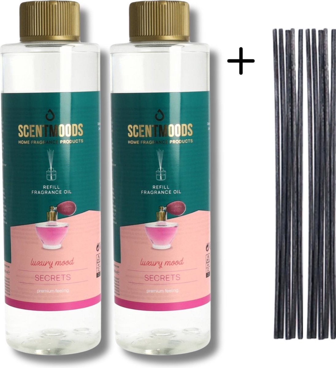 Scentmoods Geurstokjes Navulling Secrets Set van 2 + 12 Geurstokjes - Geurverspreider - Luchtverfrisser - Huisparfum - 400ml x 2