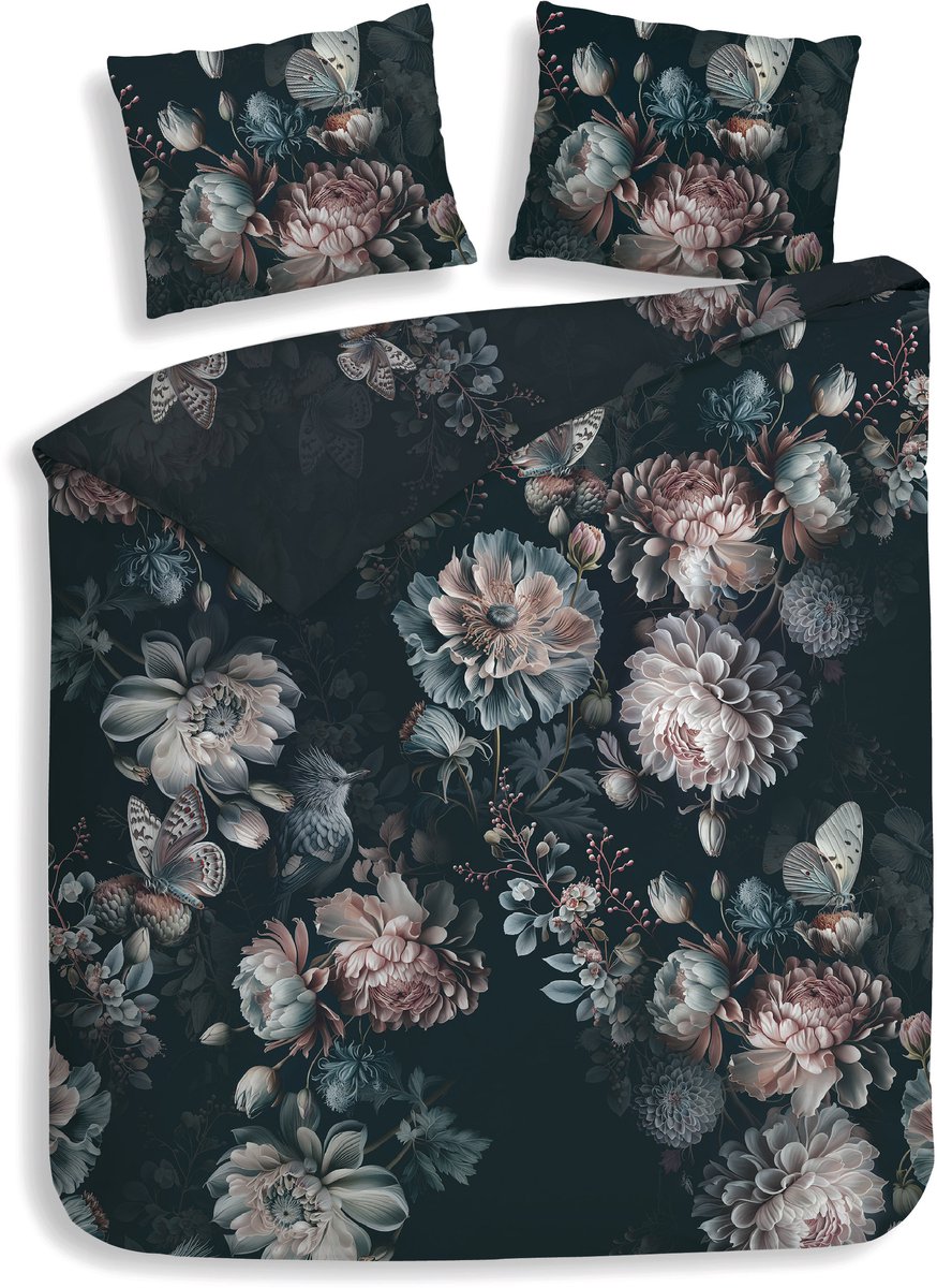 Heckettlane Dekbedovertrek Milos - Bedlinnen met Bloemen print - 260x200-220 cm - Blauw - Dekbedovertrek van 100% Katoen-Satijn Dark Blue