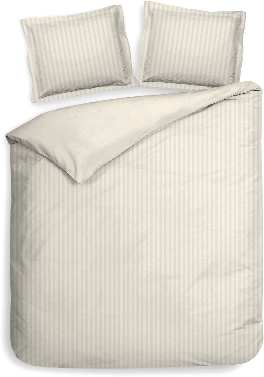 Heckettlane Dekbedovertrek Banda - Bedlinnen met Strepen - 200x200-220 cm - Tweepersoons - Off-White - Dekbedovertrek van 100% Katoen-Satijn