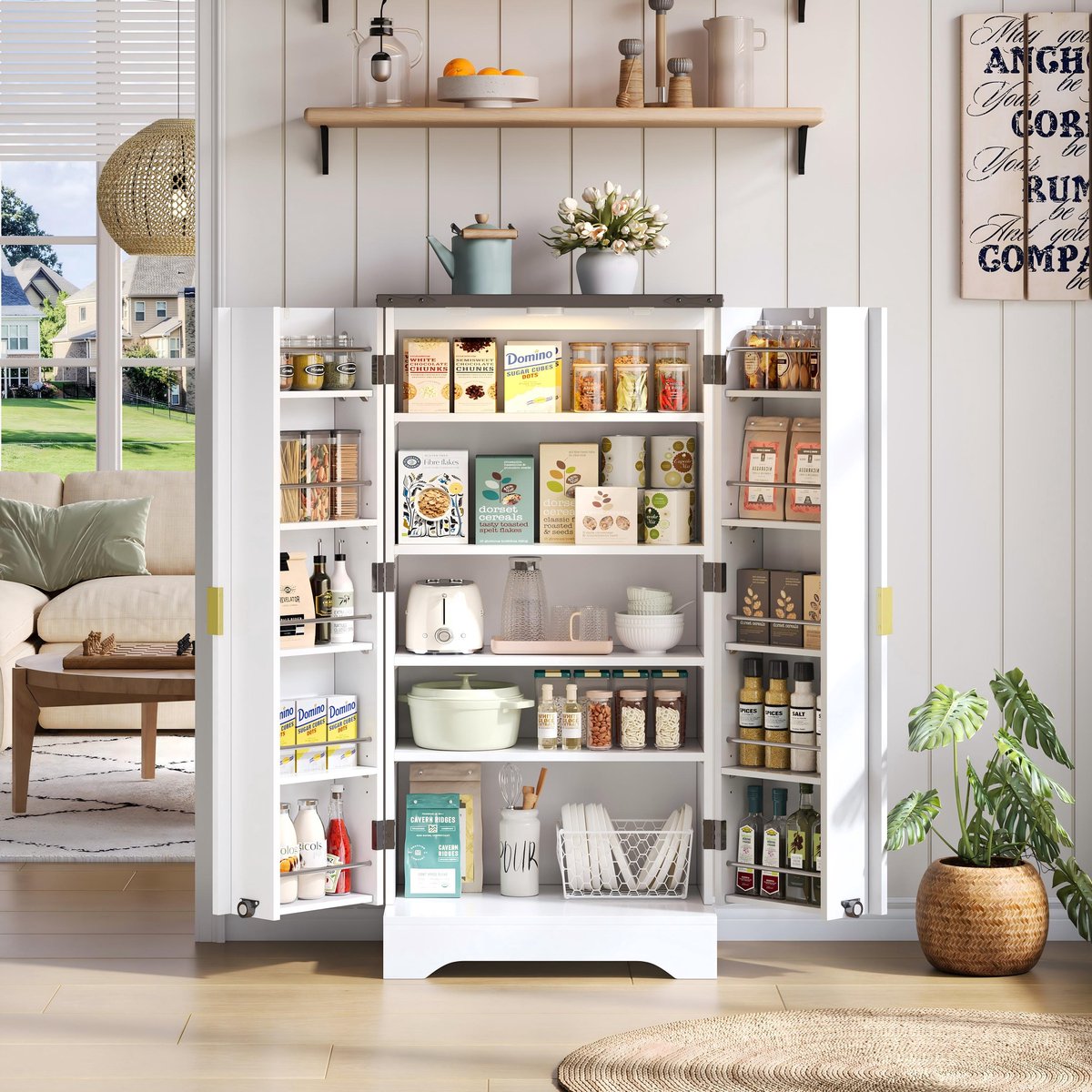DENMOSTY Keukenkast Vrijstaand - Met LED-sensorverlichting en Kruidenrek - Dubbele Deuren - Verstelbare Legplanken - Voor Keuken, Eetkamer of Wasruimte - Modern Design - 120 x 61 x 40 cm - Wit