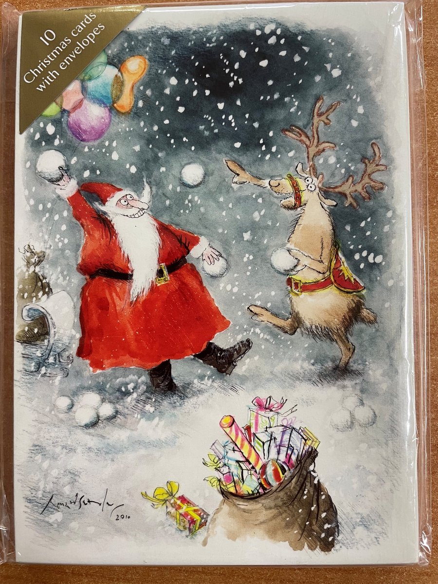 Fitzwilliam Museum Christmas cards Santa and Rufolf Snowballing ~ Kerstkaarten Kerstman met Rudolf