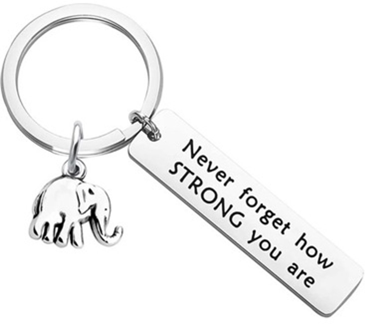 Hypify Sleutelhanger Olifant met Tekst – Never Forget How Strong You Are – Zilver
