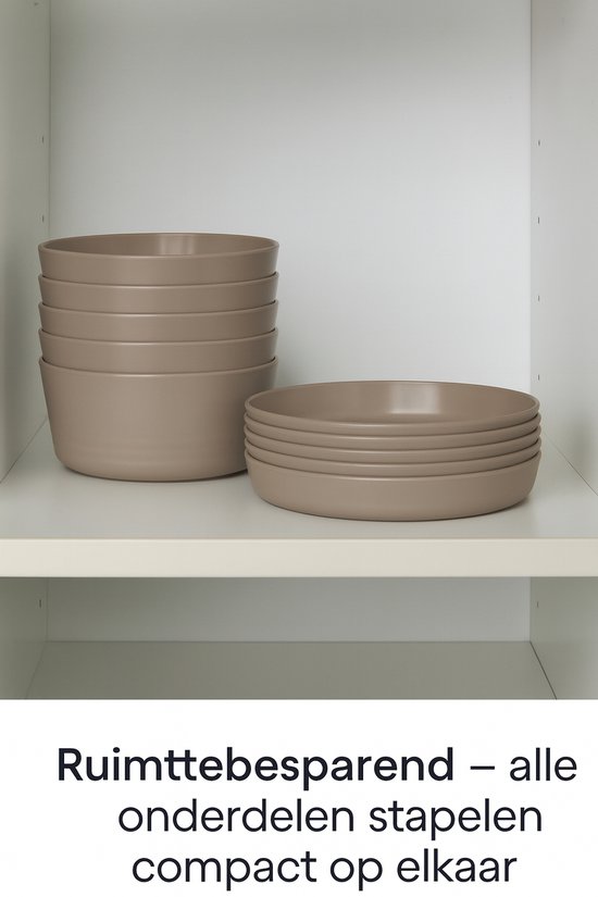 HEM 24-delig Serviesset 6 Persoons - Grijs Kunststof - Picknickset - BPA-vrij & Vaatwasserbestendig - 6x Bord, 6x Kom, 6x Vork, 6x Lepel - Lichtgewicht Plastic Servies - Met HEM Opbergzak van Merkloos — afbeelding 3