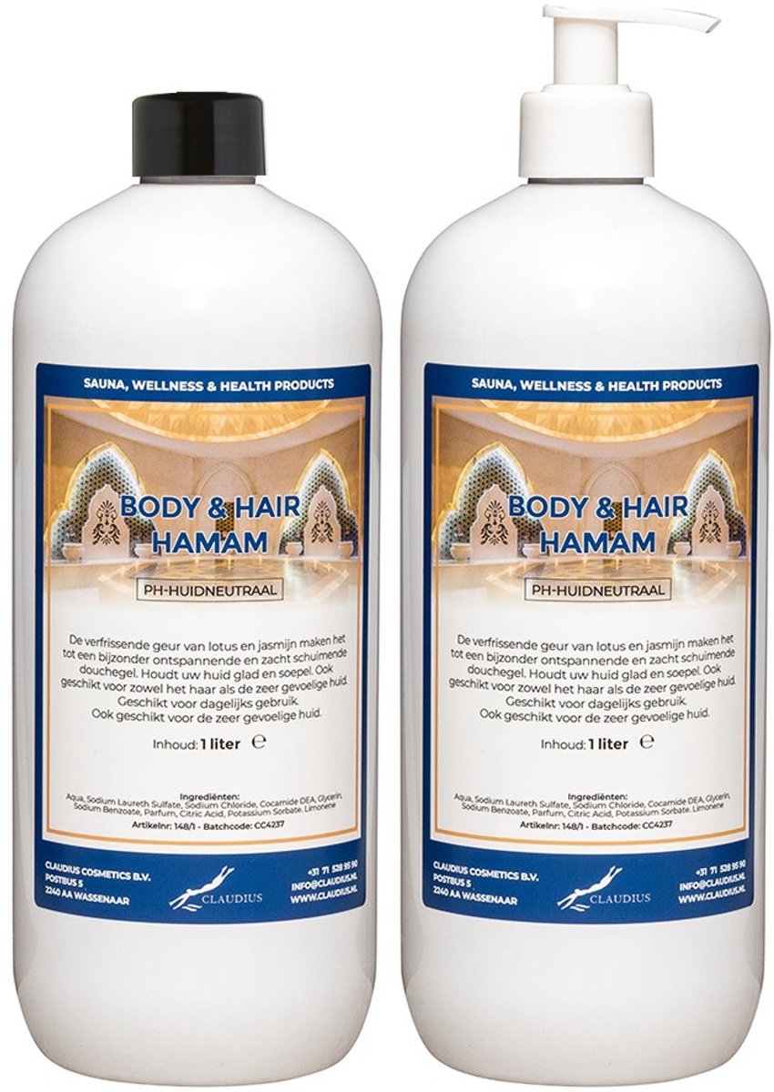 Body & Hair Hamam 1 liter met witte pomp - set van 2 stuks - 2 in 1 voor lichaam en haar - voordeelverpakking