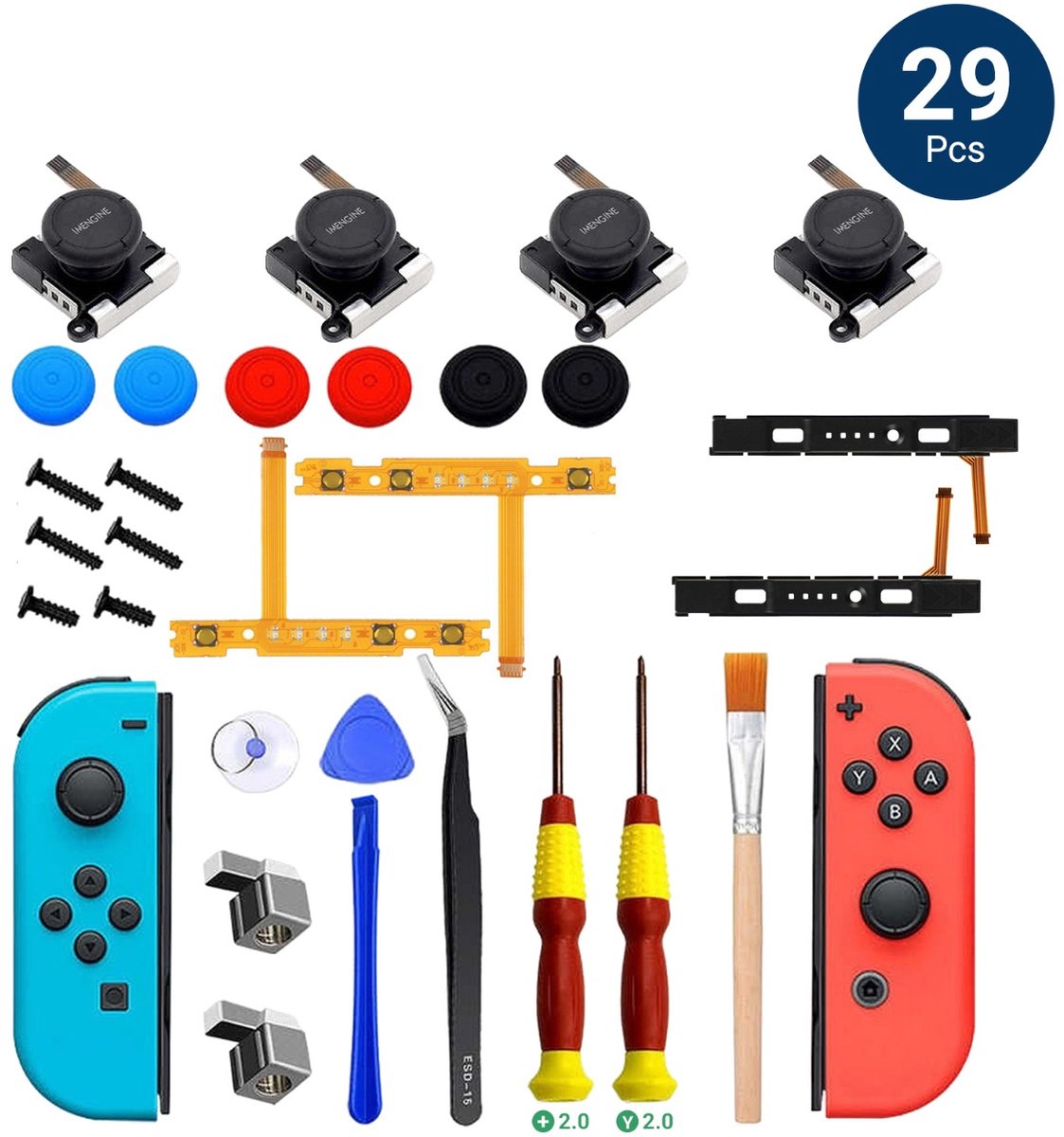 IMENGINE® Luxe 29-in-1 Reparatieset voor Nintendo Switch controllers – Inclusief Slide Rails + SL/SR Flex Kabels – Complete Joy-Con Repair Kit