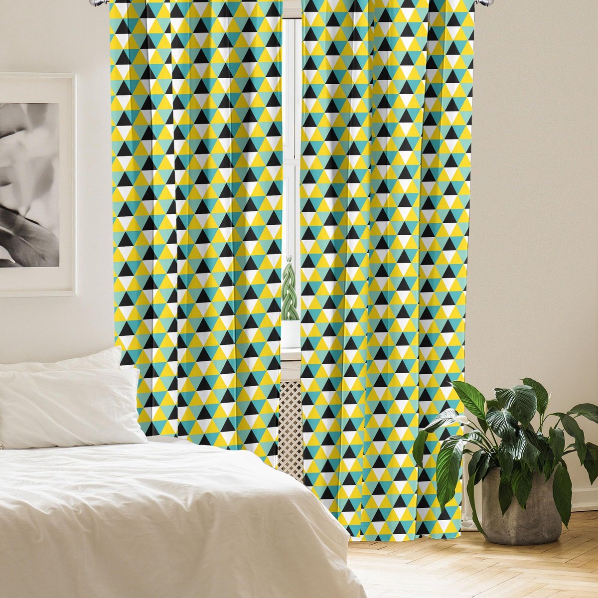 ABAKUHAUS Geometrische Voorhangen – 2x75x245 cm – Mikrofaser – geel turkoois Turquoise