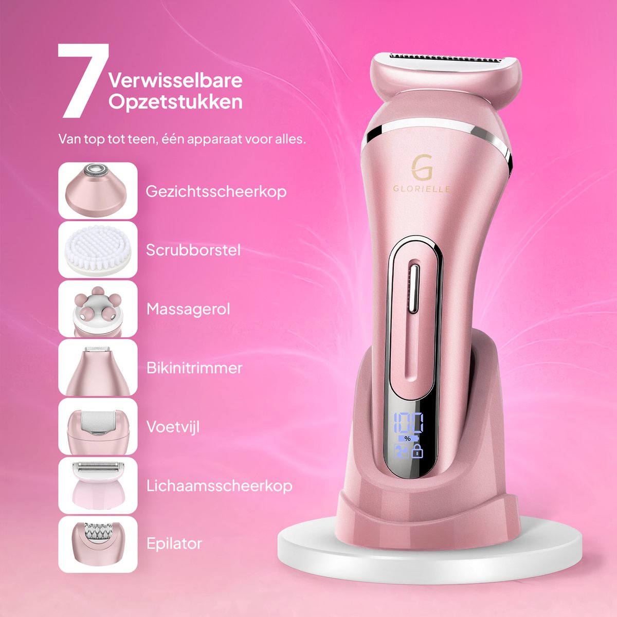 Glorielle® 7-in-1 Ladyshaves voor Vrouwen - Elektrisch Scheerapparaat - Epileerapparaat Dames - Bikini Trimmer - 7 Opzetstukken & Oplaadbaar - Schaamhaar & Gezichtsontharing - Wenkbrauw & Gezichtsepilator Vrouw - Bikinilijn & Intieme zone Scheren thumbnail 4