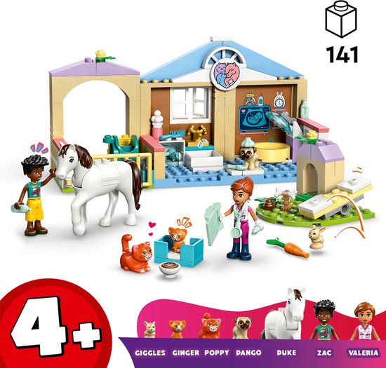 Clinique vétérinaire LEGO Friends avec cheval, chats, chien, lapin et figurines.