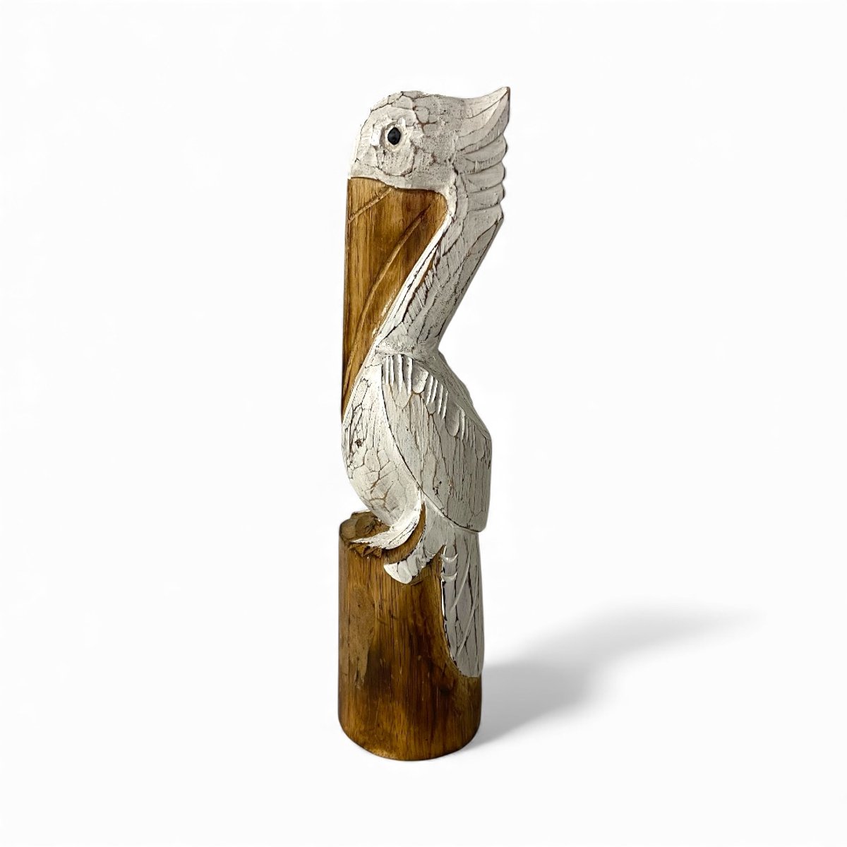Houten Pelikaan Beeld op Voet – Decoratiebeeld Maat L – Handgemaakt – Ca. H35 x B9 cm – Houten Dierbeeld Indonesië