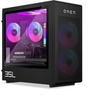 Zwarte OMEN gaming pc met glazen zijpaneel, dubbele ronde RGB ventilatoren aan de voorzijde en binnenin.