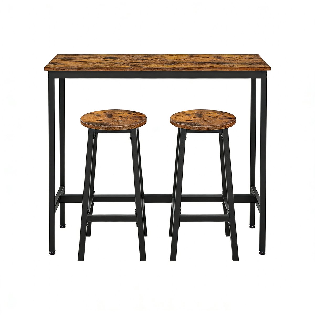 Barset met 1 hoge tafel 40×100×90 cm en 2 barkrukken 32×32×65 cm, bruin + zwart, industrieel design, kantelbeveiliging, verstelbare tafelpoot, comfortabele ronde zit, multifunctioneel, geschikt voor keuken, eetkamer en barhoek