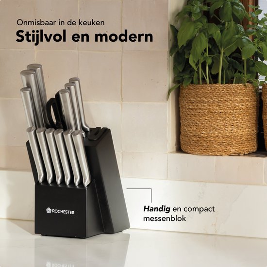 Een stijlvol, modern zwart messenblok met een set RVS messen en een plant op de achtergrond.