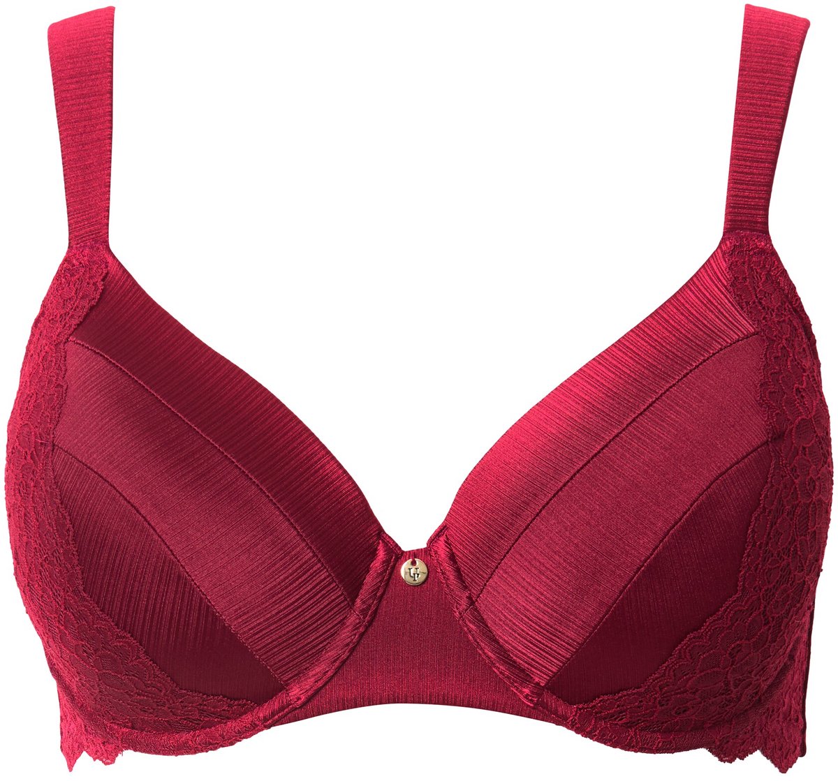 Ulla Popken - Dames - Beugelbeha zachte cups satijn kant - Wijnrood - Maat 90B