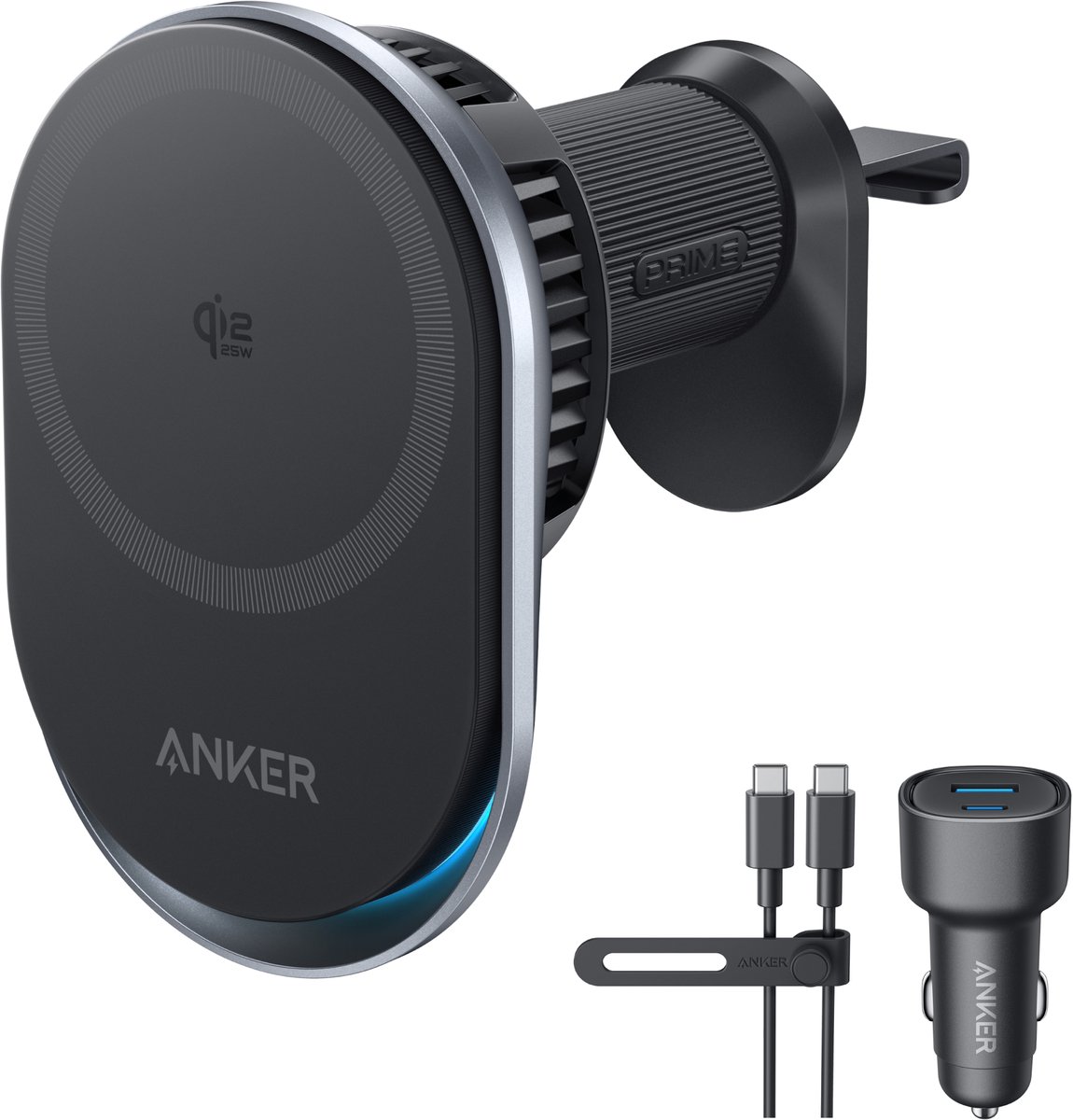 Anker Prime MagSafe-Autolader - Qi2 25W Gecertificeerde Draadloze Autolader Met TEC-Koeling - Sterke Magneten - Ventilatieroosterhouder - Inclusief 60W-Adapter (Check Geschiktheid Ventilatierooster)