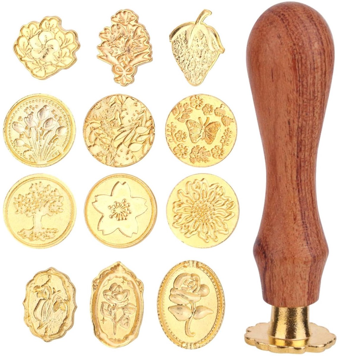 Cosensi - Wax stempel set met 12 vintage zinklegering stempelkoppen en 1 houten handvat voor uitnodigingskaarten, enveloppen en cadeaudecoratie - DIY knutselbenodigdheden (Stijl 1)
