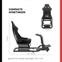 Zwart racesimulator frame met kuipstoel, 112,5 cm hoog, 60 cm breed, 128-154,5 cm lang, geschikt voor personen van 1.3m - 2.1m.