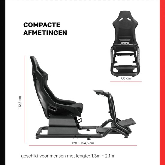 Zwart racesimulator frame met kuipstoel, 112,5 cm hoog, 60 cm breed, 128-154,5 cm lang, geschikt voor personen van 1.3m - 2.1m.
