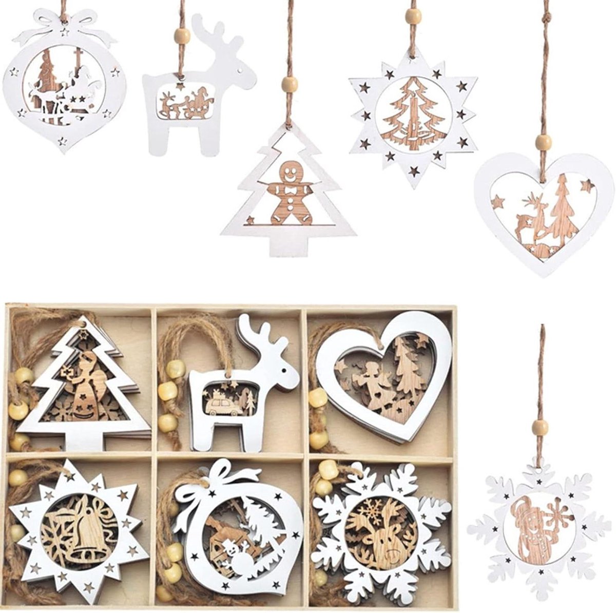 Cosensi - Kerstboom Decoratie Hout 24 Stuks - Doe-het-zelf Kerstdecoratie - Hangende Houten Kerstboom - Vijfpuntige Ster en Sneeuwpop - Arrangement voor Kerstdecoratie