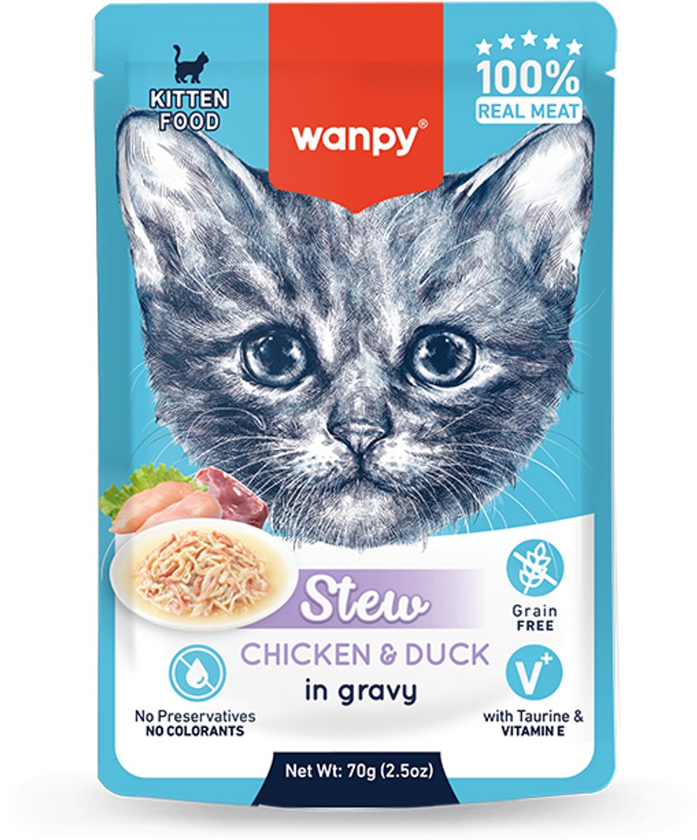 Wanpy Wanpy - Stoofpot Kip & Eend - Kitten - Kattenvoer - Natvoer - 10 stuks van 70gram