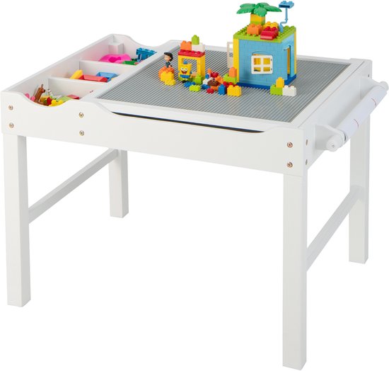 COSTWAY 2-in-1 kindertafel met omkeerbaar tafelblad, speeltafel van grenenhout met opbergruimte, zijstang en papierrol, activiteitstafel Legotisch voor kinderen vanaf 3 jaar (wit), UY10024DE