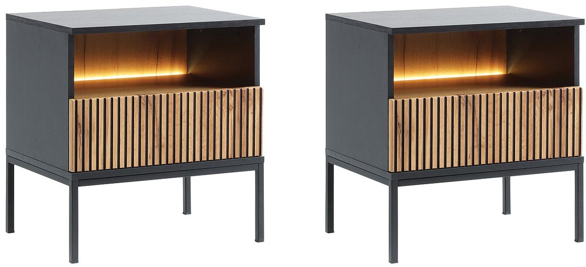 Vente-unique Set van 2 nachtkastjes met 1 lade en 1 nis - Met ledverlichting - Zwart en naturel - OVILA Zwart, Natuurlijk licht