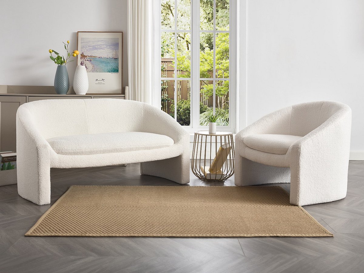 Vente-unique Zitbank 2 personen en fauteuil in wit bouclé OSSANA