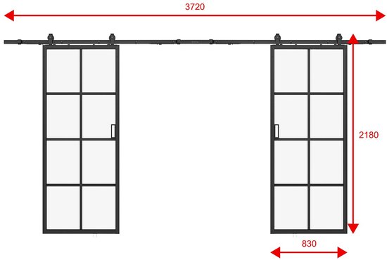 Dimensions des portes coulissantes doubles : 3720 mm de large, 2180 mm de haut, 830 mm par porte.