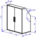 Technische tekening van een witte kast met schuine zijde, afmetingen in cm.