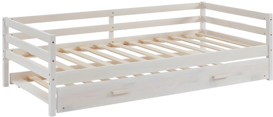 Wit houten bedframe met twee lades en lattenbodem, aanzicht zijkant.