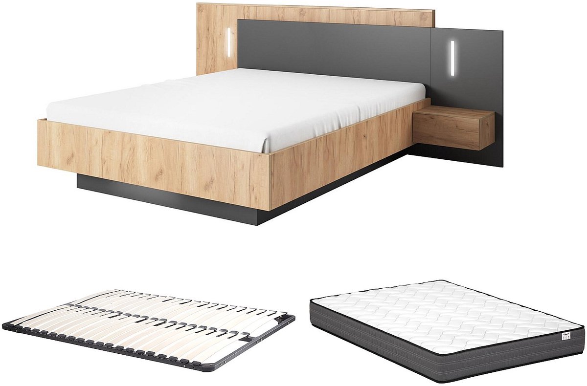 Vente-unique Bedframe hout antracietgrijs, natuurlijk licht 140 x 190 cm