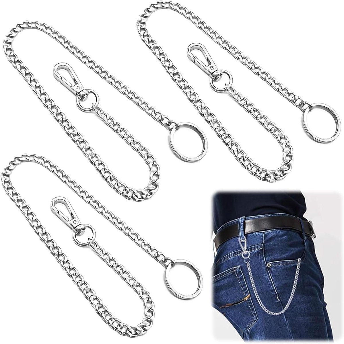 Cosensi Portefeuilleketting Sleutelketting Broek van Roestvrij Staal 45 cm Karabijnhaak Voor Mannen en Vrouwen Zilverkleurig Set van 3 Any