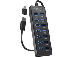 Nuvance Usb Hub – 3.0 – 7 Poorten – Usb Splitter – USB C Hub/Adapter – Universeel – Aan/Uit Switch – met Licht – Zwart