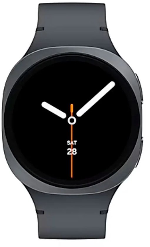 Donkergrijze smartwatch met zwart wijzerplaat. Toont 'SAT 28'.