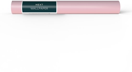 Rol behang in roze met een donkergroen label 'NEXT WALLPAPER'.