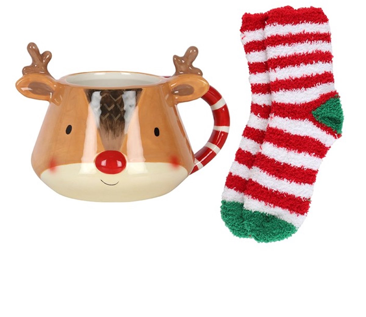 Rendier Wintermok + Warme Sokkenset – Kerst Cadeau Set – Cozy Giftset Winter – Rendier Mok – Warme Fluffy Sokken – Kerstmok – Cadeau voor Haar & Hem
