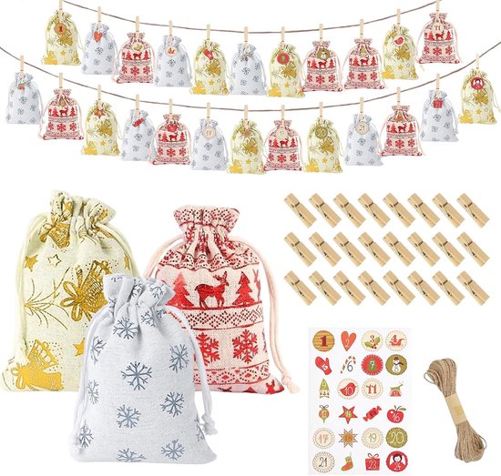 Adventskalender om zelf te vullen, 24 adventskalenderzakjes zelf vullen (2 maten), zakjes voor adventskalender zelf vullen met cijfers van hout 1-24, adventskalenderzakjes voor kinderen, vrouwen en