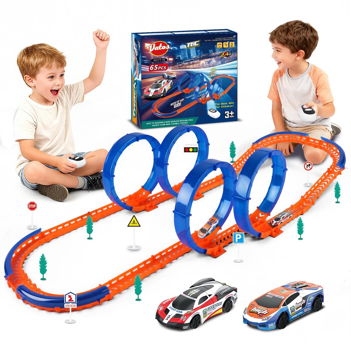 VATOS Dual RC Racebaan - 360° Loop Met 2 Afstandsbedieningen Trein - 64 Delen Bouwbare Racebaan Elektrischn - Snelheidsspel Carrera Voor Kinderen 3-9 Jaar