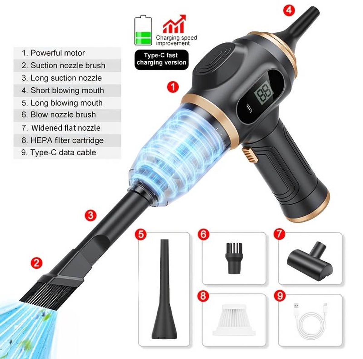 Autostofzuiger, draadloze draagbare stofzuiger - oplaadbare - afbeelding 3