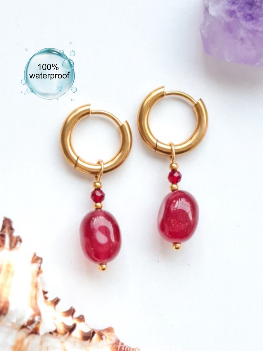 Oorbellen van glaskralen, rood, stainless steel 100% waterproof, rood, handgemaakt