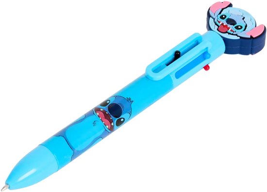 Stylo bleu multicolore avec une illustration de Stitch et une figurine de Stitch sur le dessus.