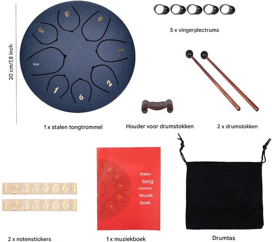 8-Toon Steel Tongue Drum 6 Inch (20 cm) - 8 Noot Steel Drum Set met Reistas, Drumstokken en Notensticker - D Majeur Stemming - Geschikt voor Muziek, Meditatie, Yoga en Healing Sessies - Incl. Muziekboek en 5 Vingerpennen van Merkloos — afbeelding 3