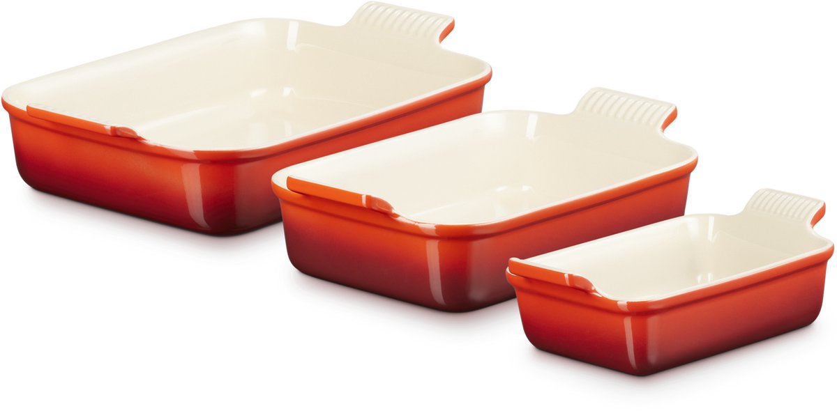 Le Creuset Set van 3 rechthoekige Heritage Ovenschalen 19/26/32 cm Kersenrood